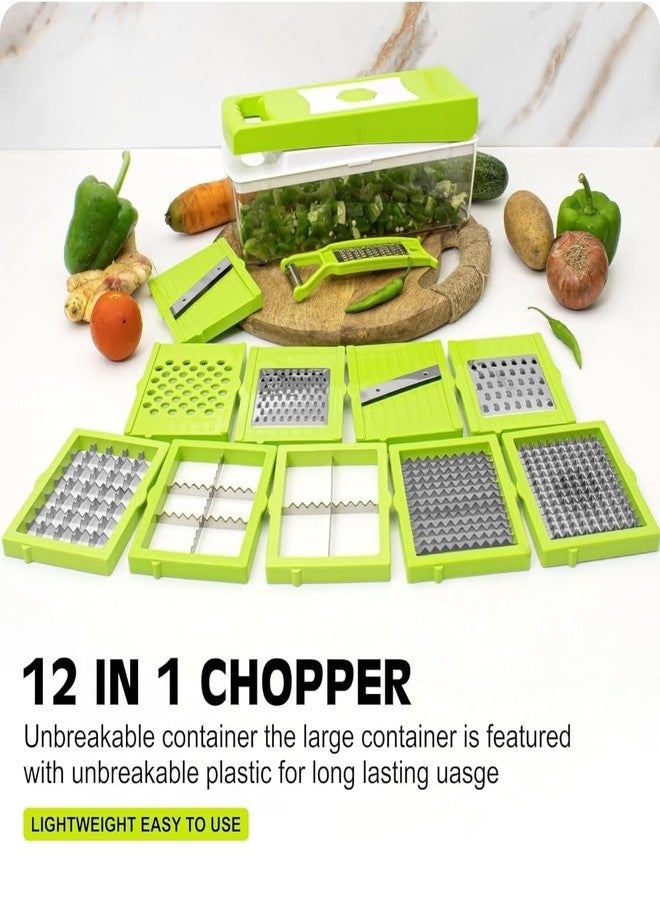 Well Set 12-in-1 Vegetable Chopper & Slicer | Multipurpose Fruits & Vegetable Cutter, Grater, Peeler & Dicer | Unbreakable Food-Grade Body with Easy Push-to-Clean Button (Green) - Image 2